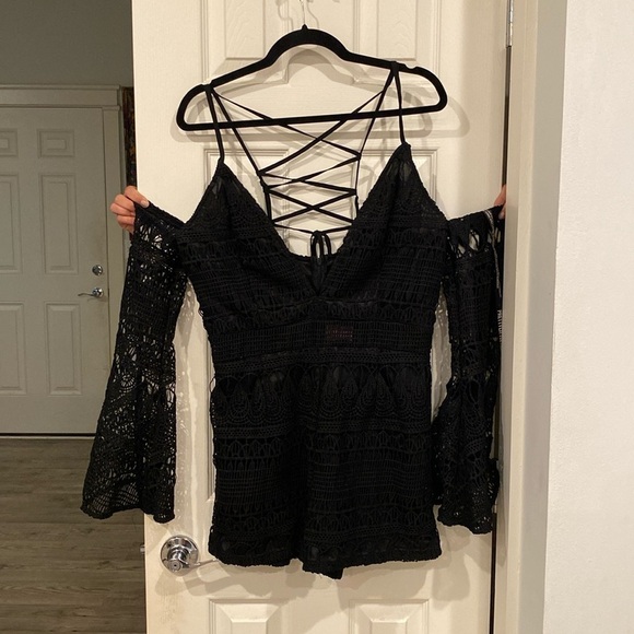 PrettyLittleThing Pants - Long-sleeve off shoulder, Black Crochet Romper with tie straps down the back